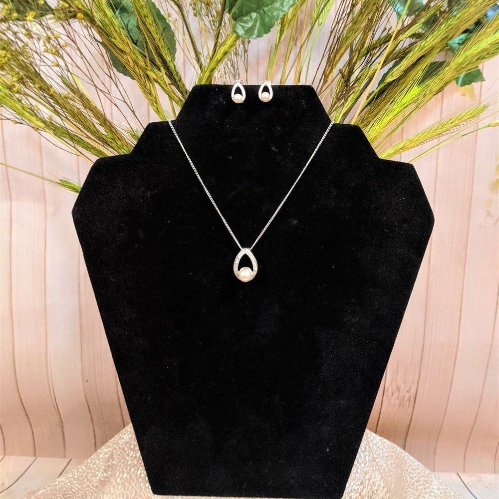 Pearl & CZ Necklace and Earrings Set